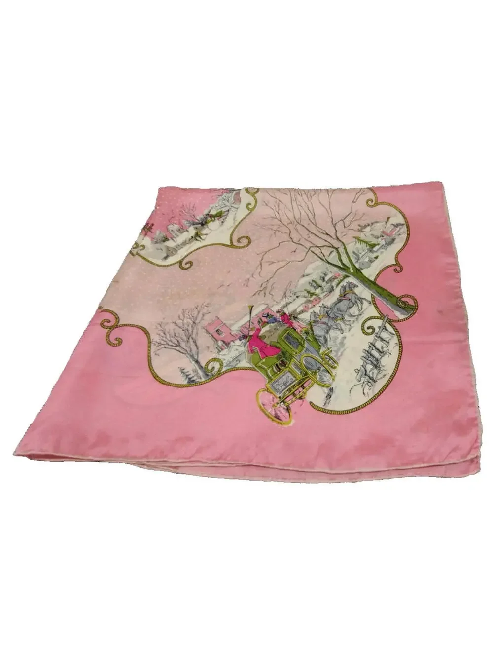 40s 50s Silk Pink Scarf CHRISTMAS WINTER SCENES Victorian Carriage Chartreuse